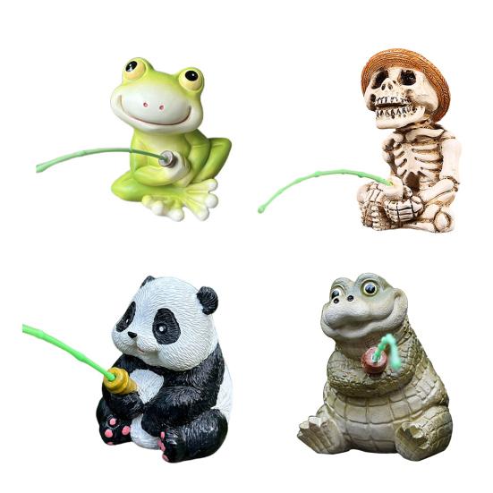 Fishing Cartoon Frog Figurine Resin Fishing Crocodile Panda Skeleton Statue Sculpture Outdoor Garden Pond Fish Tank Decoration Ornament