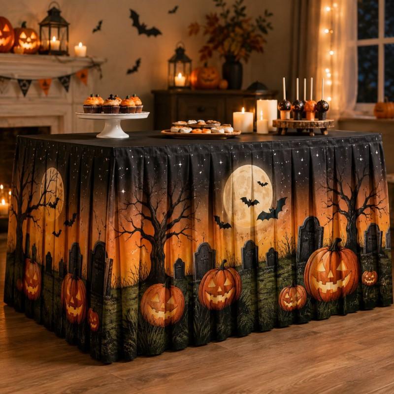 Halloween Table Skirt With Waterproof Dustproof Decor Dining 140-275cm Length