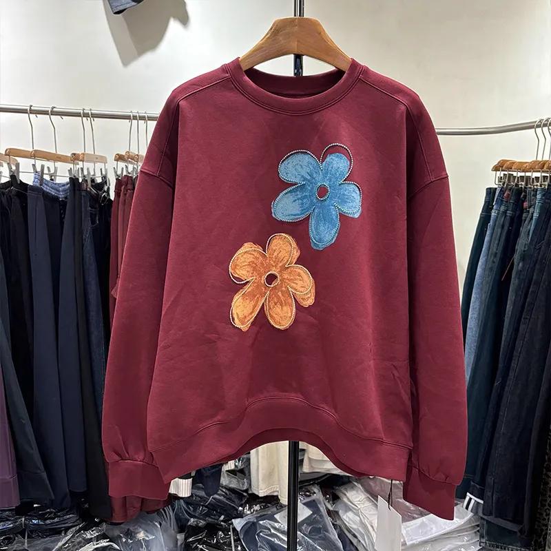 Damtröja med vinrött blommönster, rundhalsad, avslappnad, lös passform, pullover, rund hals, trendig