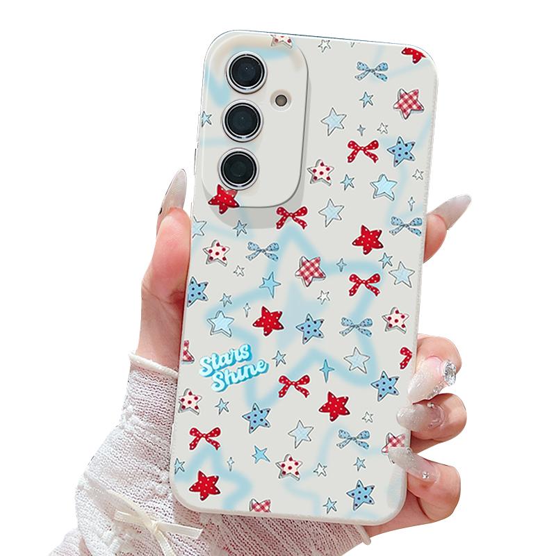 Blauer Stern Schleifen Muster Hülle Für Samsung Galaxy S25 Edge S24 Ultra S23 S22 Plus S21 FE S26 Ultra Lederstruktur Silikonhülle