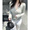 2026 Spring Autumn Women's Slim Fit Color Block Striped Long Sleeve T-shirt: Waist-Cinching Base Top