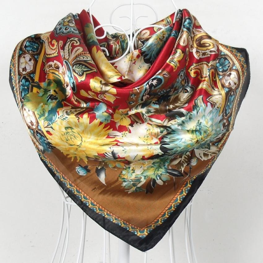 New Style Female Satin Red Big Square Silk Scarf Printed, Women Coffee Silk Scarf Hijab Wraps For Summer,Autumn 90*90cm