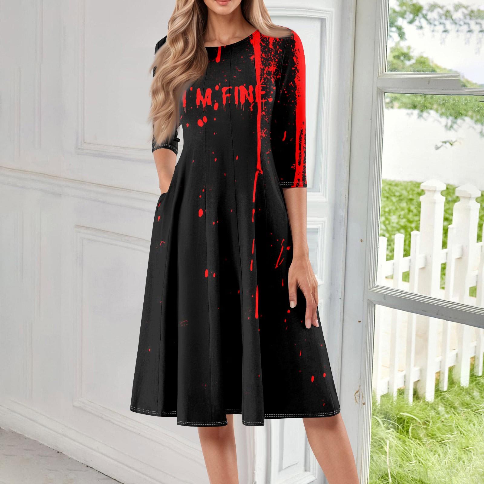 

Женское повседневное модное миди-платье с круглым вырезом, рукавом три четверти и принтом на Хэллоуин XL киноварь