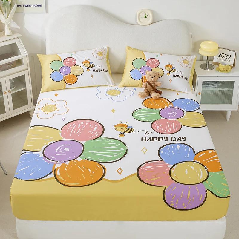 New Purple Flowers Fitted Sheet Set 100% Cotton Printed Fitted Sheet Pillowcases for Kids Boys Girls Bedroom Decor Bedding Set