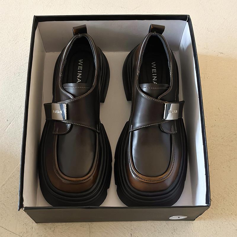 

Thick-soled high-end small leather shoes for women s 2025 spring new versatile British style loafer heightening retro single shoes thick heel 40 коричневый