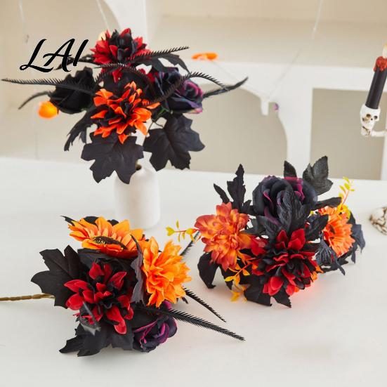 Fake Maple Leaf Decor Halloween Artificial Flower Fall Faux Sunflower Rose Bouquet with Black Maintenance Free Flowers Leaves Autumn Floral