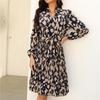 Women's Spring Floral Print V Neck Lace Up Dress Long Sleeve High Waist Knee Length Pleated