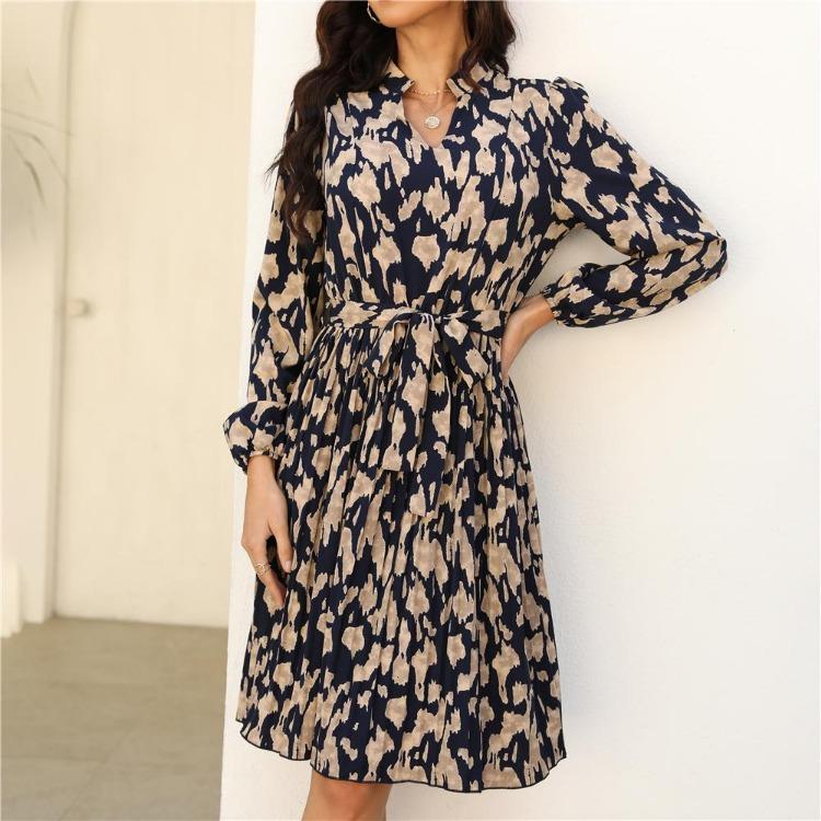 Women's Spring Floral Print V Neck Lace Up Dress Long Sleeve High Waist Knee Length Pleated