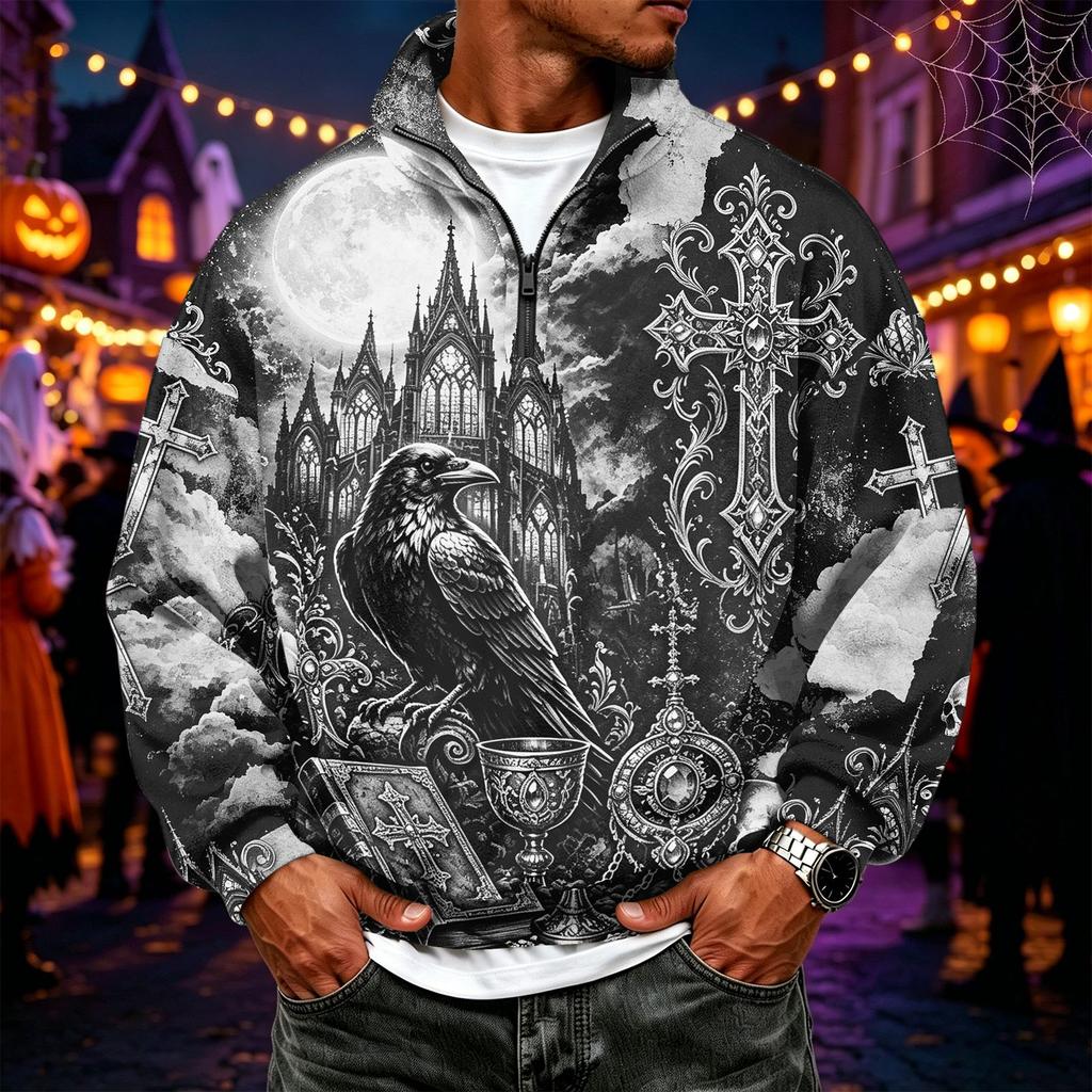 Men's Casual Flannel 1/4 Zip Long Sleeve Sweatshirt with Halloween Print