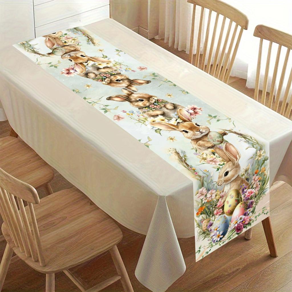 Vintage Easter Bunny Table Runner Polyester Rabbit Eggs Flower Table Flag Easter Decorations For Home Kitchen Dining Table Decor