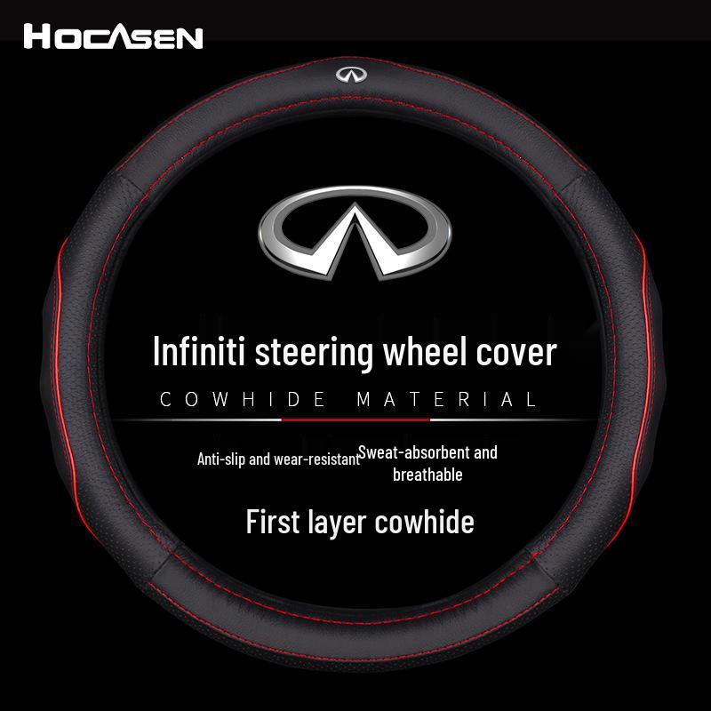 

Чехол на руль Infiniti: Натуральная кожа для QX50, QX60, QX80, Q50, Q70L, FX3 - Все сезоны Black with Black Stitching, Infiniti Logo