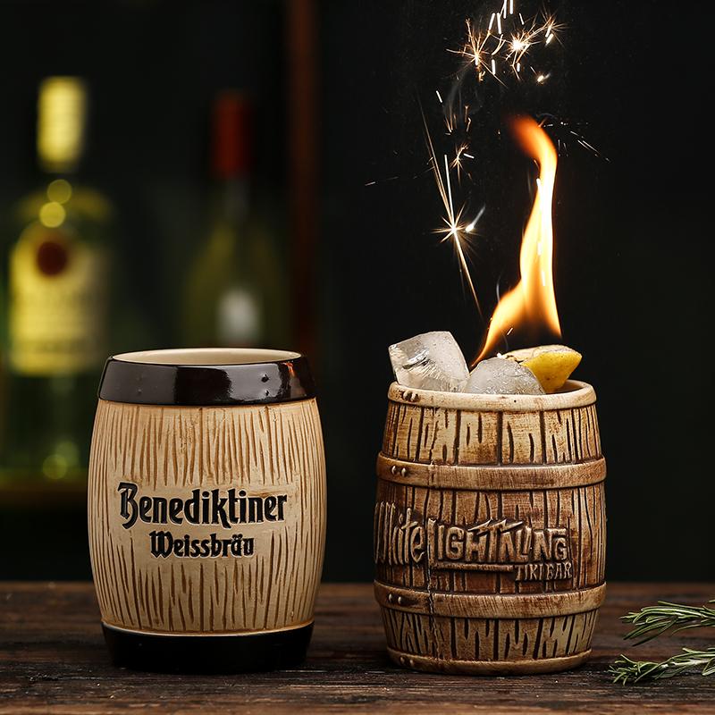 Hawaii Ceramic Tiki Mug Creative Cocktail Cup Easter Island Tiki Mugs Halloween Gift Barrel Shaped Wine Mug for Bar Accessories