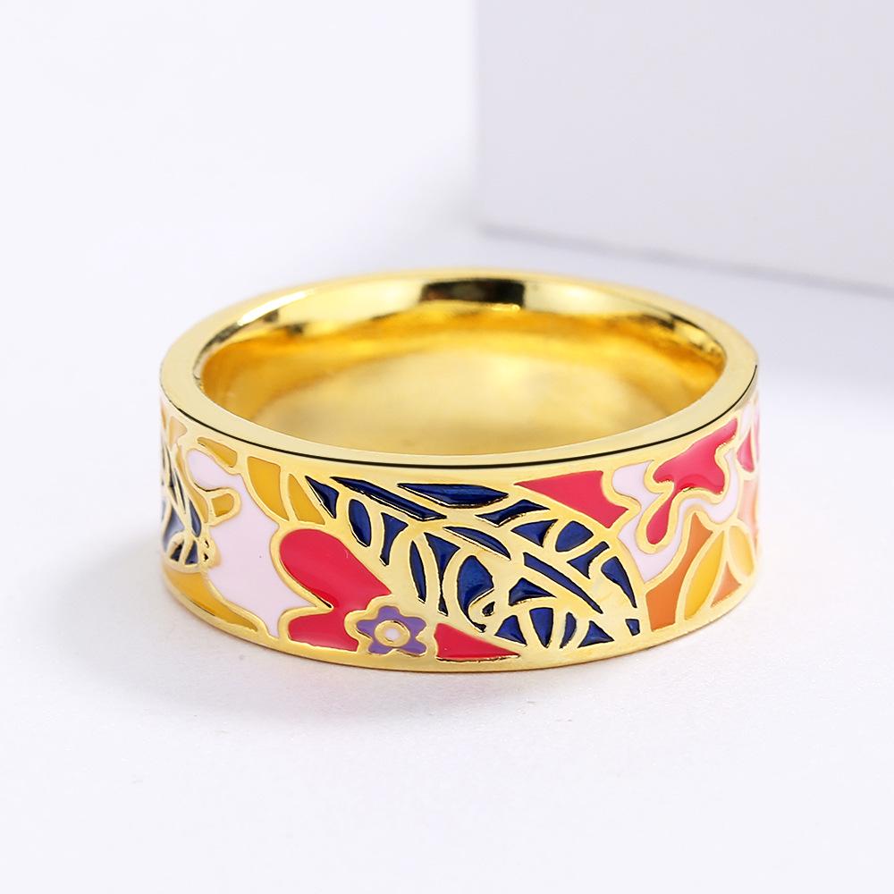 Korean Style Geometric Floral Pastoral Japanese Colored Glue Drop Enamel Ring for Women