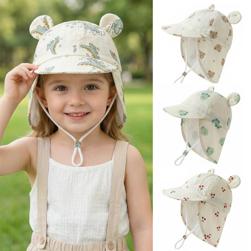 Baby Muslin Hat 100% Cotton Kids Sun Hats for Girls Boys Summer Children Baseball Cap with Shawl Cartoon Neck Protection 1-3Y