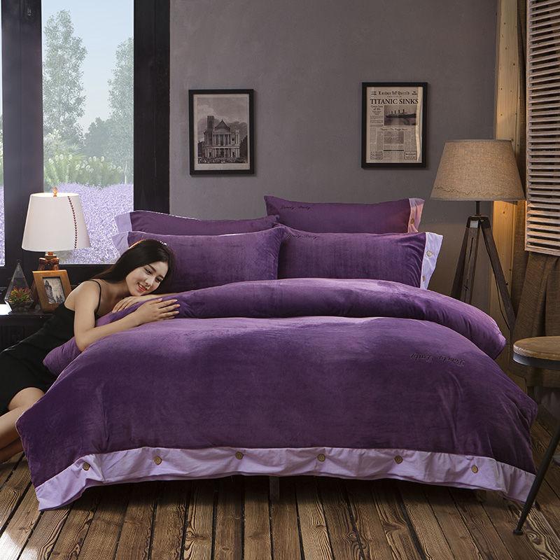 4pcs/set Pure Color Crystal Velvet Sheet Coral Velvet Thick Double-sided Duvet Cover Autumn and Winter Queen Size Bedding