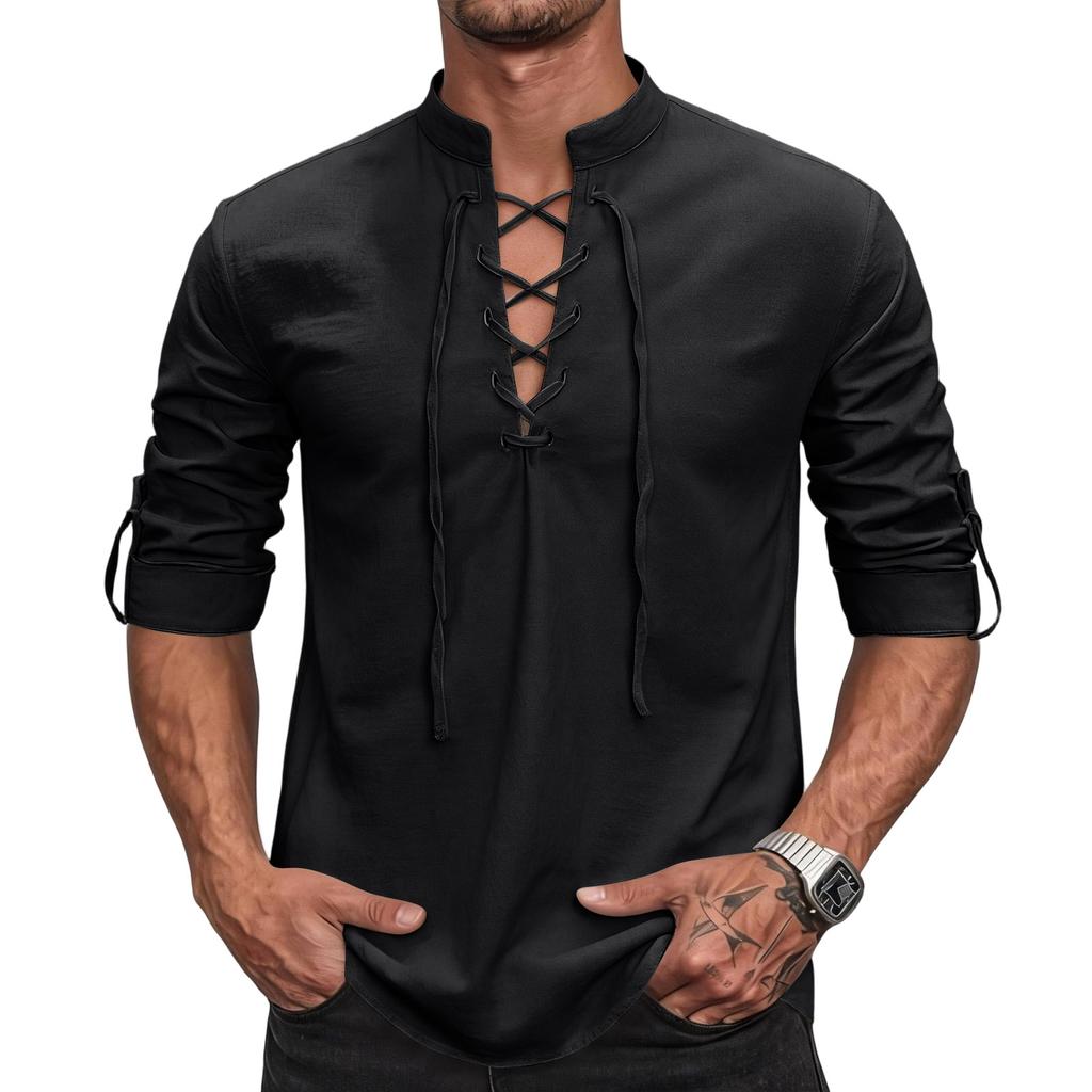Men's Long Sleeve Shirt - Cotton Linen, Vintage , Button Stand Collar