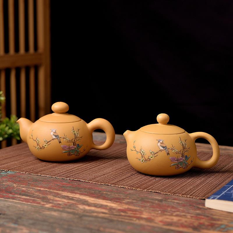 Hand Painted Flower and Bird Gold Vermilion Mud Purple Sand Teapot Yixing Tea Brewer Kung Fu Tea Set Xishi Concubine Antique Segment Mud Pot