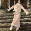 Winter Pink Warm Jacket Suits Korean Fashion Faux Fur 2 Piece Skirt Set Women Casual Y2k Blazers Coats + Mini Skirts Chic