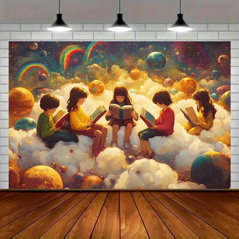 2D plane 1 vibrant space-themed reading party backdrop banner - extraordinary cosmic scene cloud reading 100x150cm