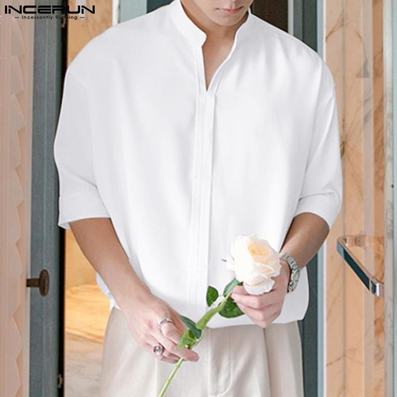 

INCERUN Летние мужские офисные топы с воротником-стойкой и половиной рукавов