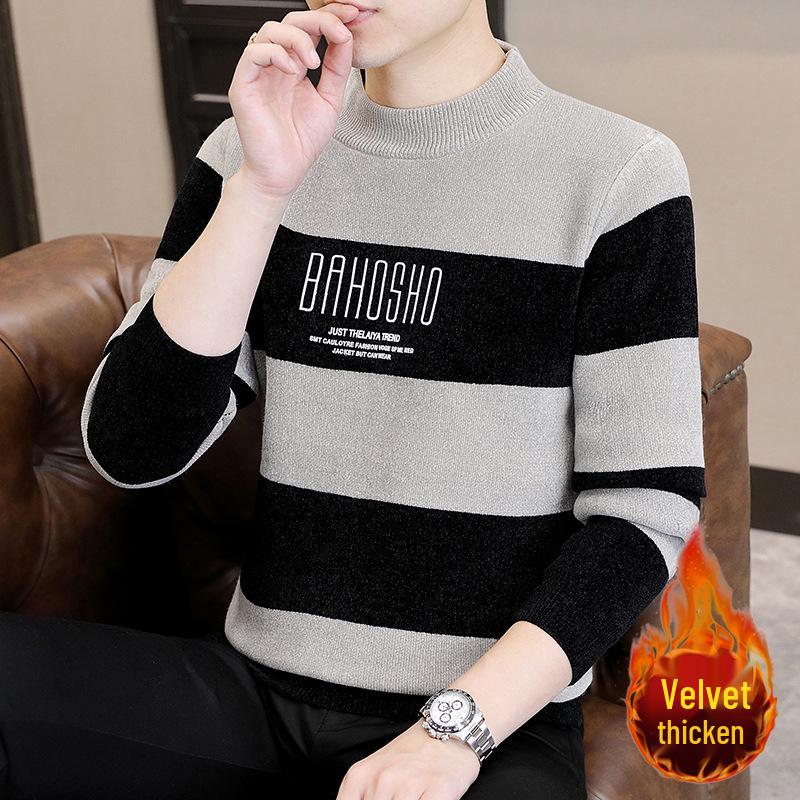

Men s Velvet Half-High Collar Sweater - Winter 2025 Fashion, Thick Plush Base Layer Knitwear L хакі/чорний