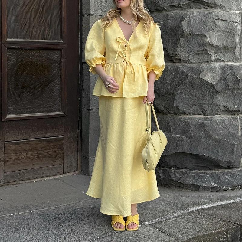 2026 Women's Spring New, Amazon Cross-border Europe and the United States, Fashionable and Elegant Solid Color V-neck Lace-up Dress Set