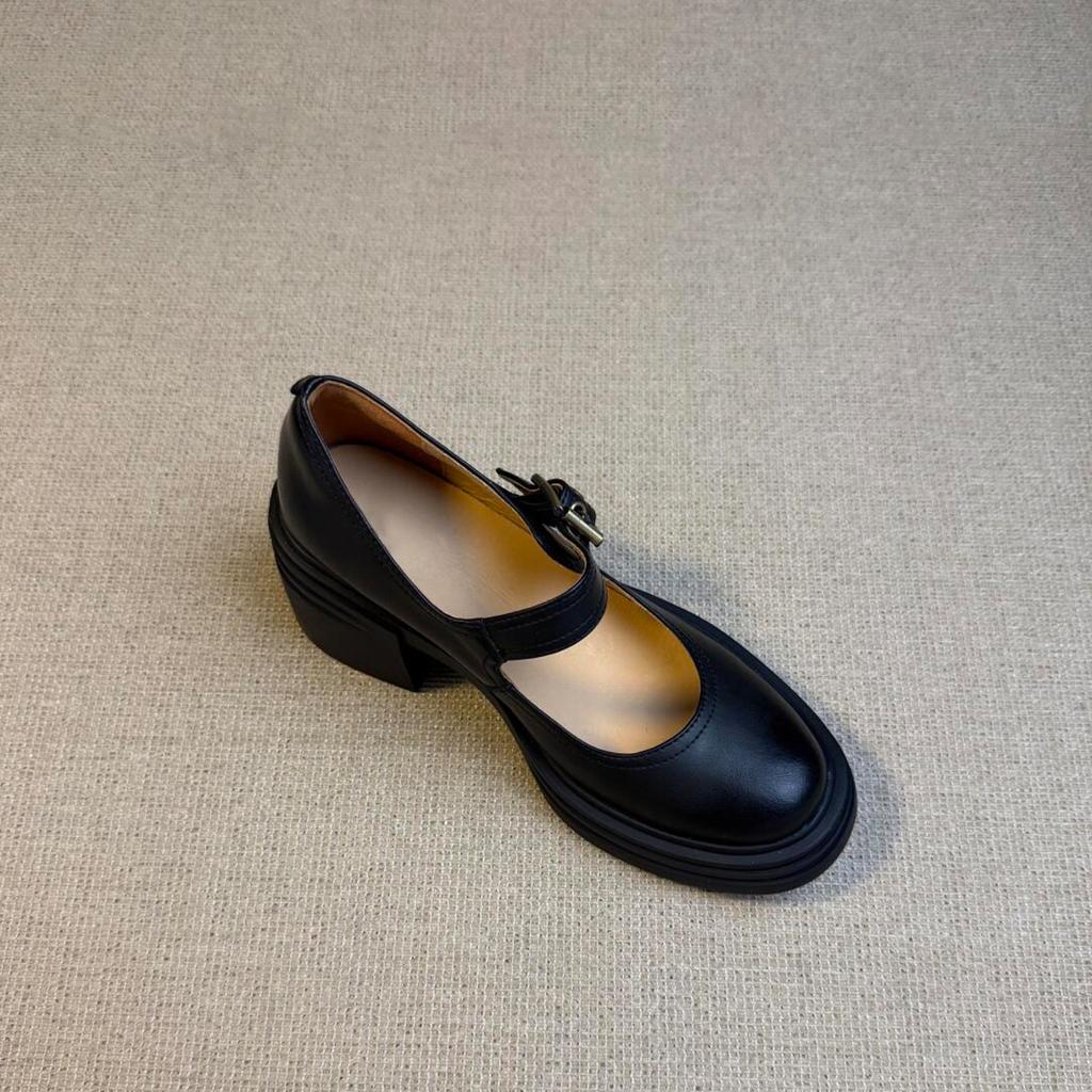 Sheepskin Version~ Round Head High Heel Mary Jane Shoes Women's Leather One-word Buckle Light Mouth Single Shoes Thick Heel Retro Small Leather Shoes