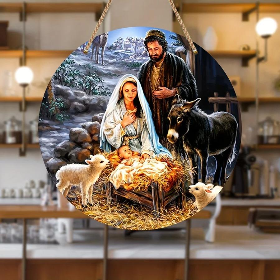 1pc 2d Flat Wood Round Wooden Nativity Wreath Sign Decorative Round Signs - 20cm Wall, Home, Room, Window, Porch, Restaurant, Bar, Cafe Decor, Holiday