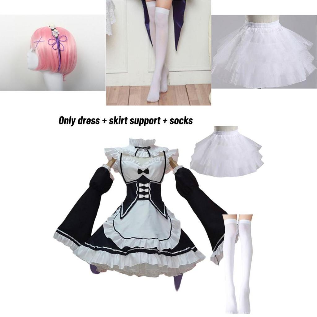 Unique Zero Kara Hajimeru Isekai Seikatsu Twins Ram/rem Classic Appeal Cosplay Maid Dress And Headwear Set