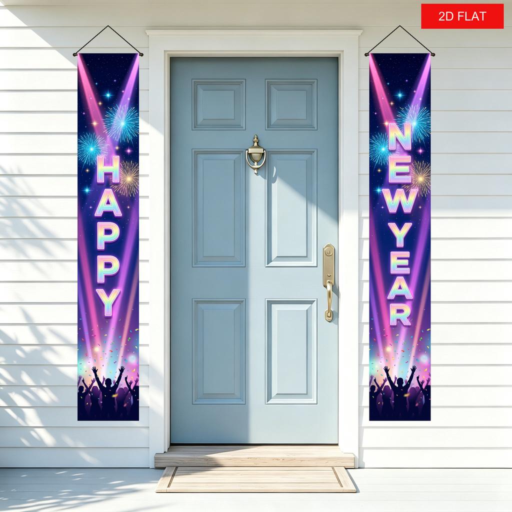 2D Flat, 2D Flat, 2D Flat Banner, 2pcs Happy New Year Cross-Year Party Door Couple Hanging Flags, Radiant Fireworks Spotlight Crowd Silhouette Starry