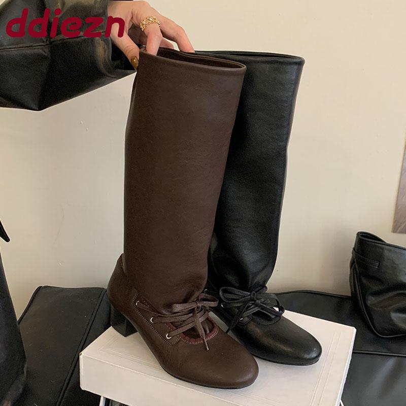 Fashion Female Round Toe Women Knee High Boots With Square Heels Shoes Fashion Lace Up Ladies Modern Long Boots Shoes Pumps