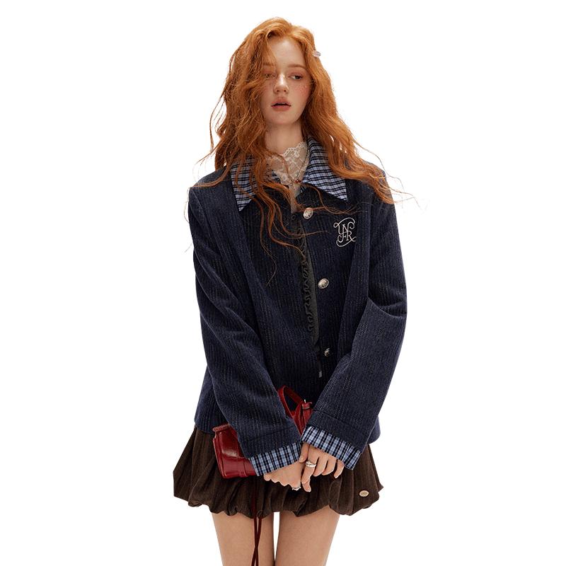 UNIFREE Korean Style Faux Two-Piece Plaid Patchwork Blazer