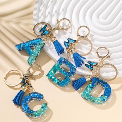 1pc Alloy Alphabet Initial Keychain Royal Blue Butterfly & Tassel Letter Keychain for Backpack Charm Accessory Key Ring Findings
