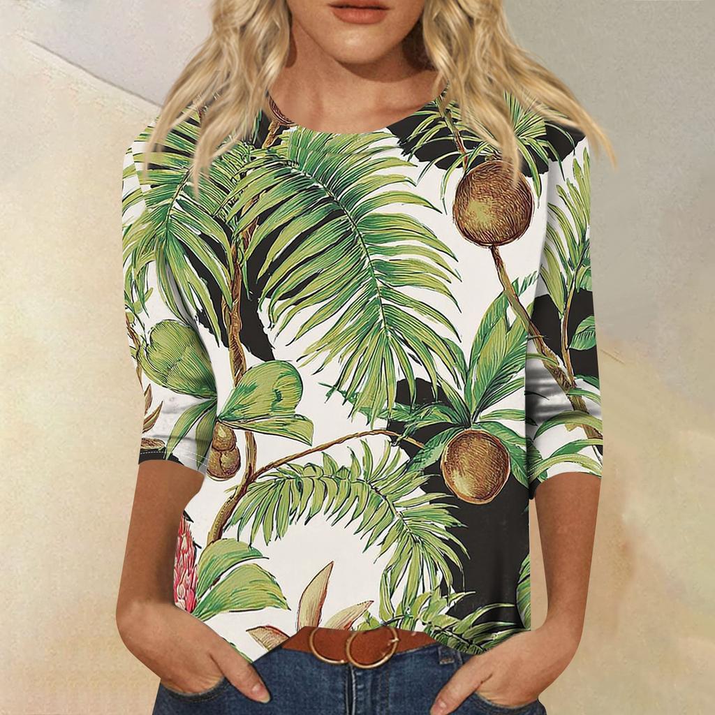 Women's Fashionable Casual Round Neck Three-Quarter Sleeve Printed T-Shirt Top