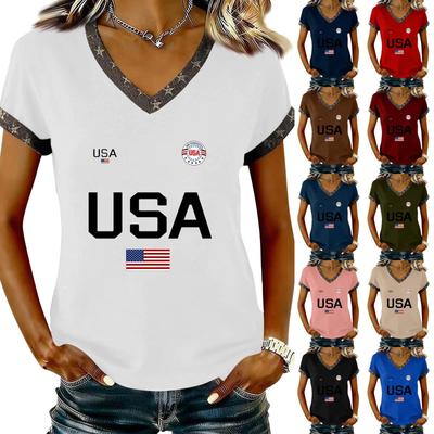Women's Casual V Neck Short Sleeve Pullover Printed T-Shirt Top