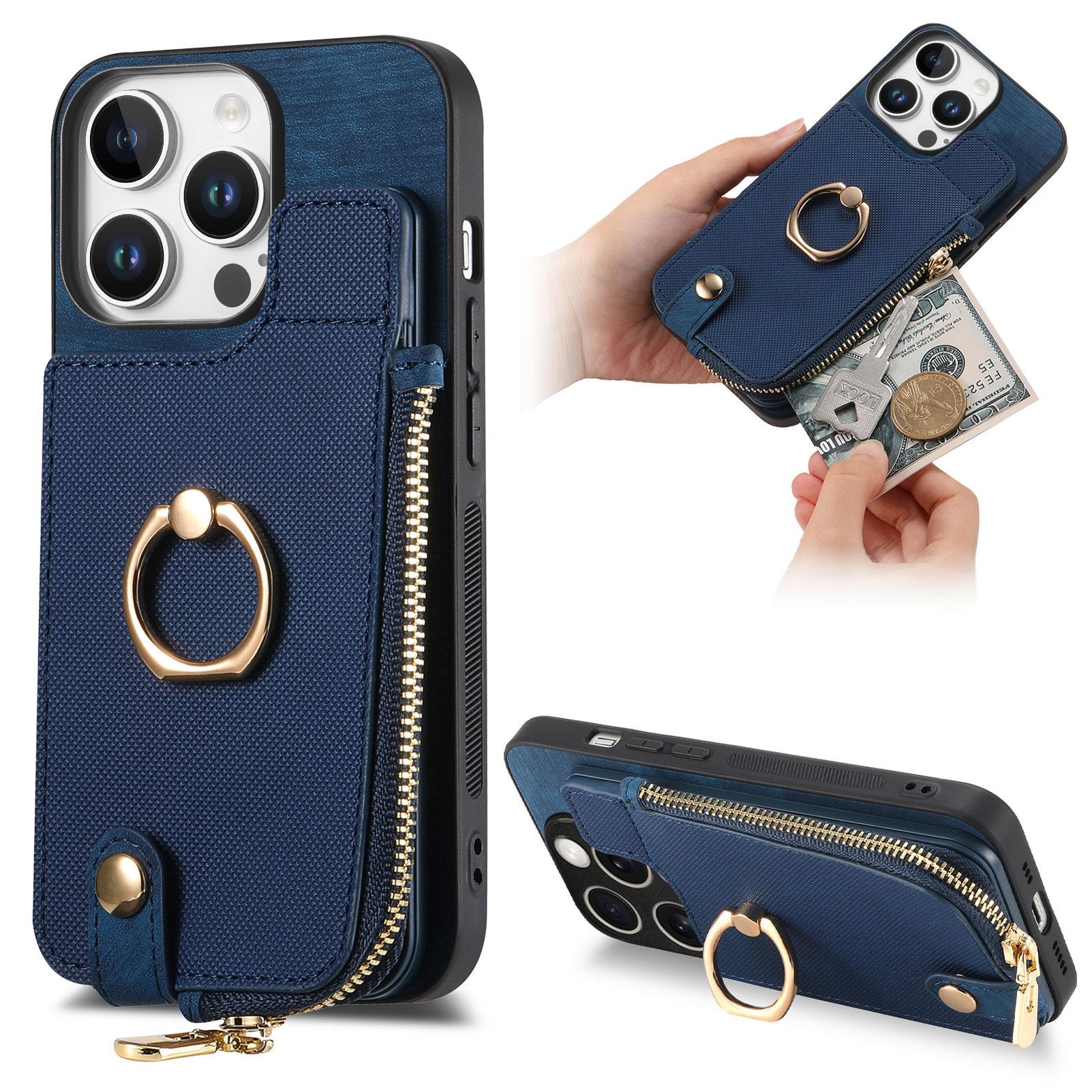 

For iPhone 16 Pro Max Case Zipper Pocket Kickstand Leather Phone Back Cover Blue