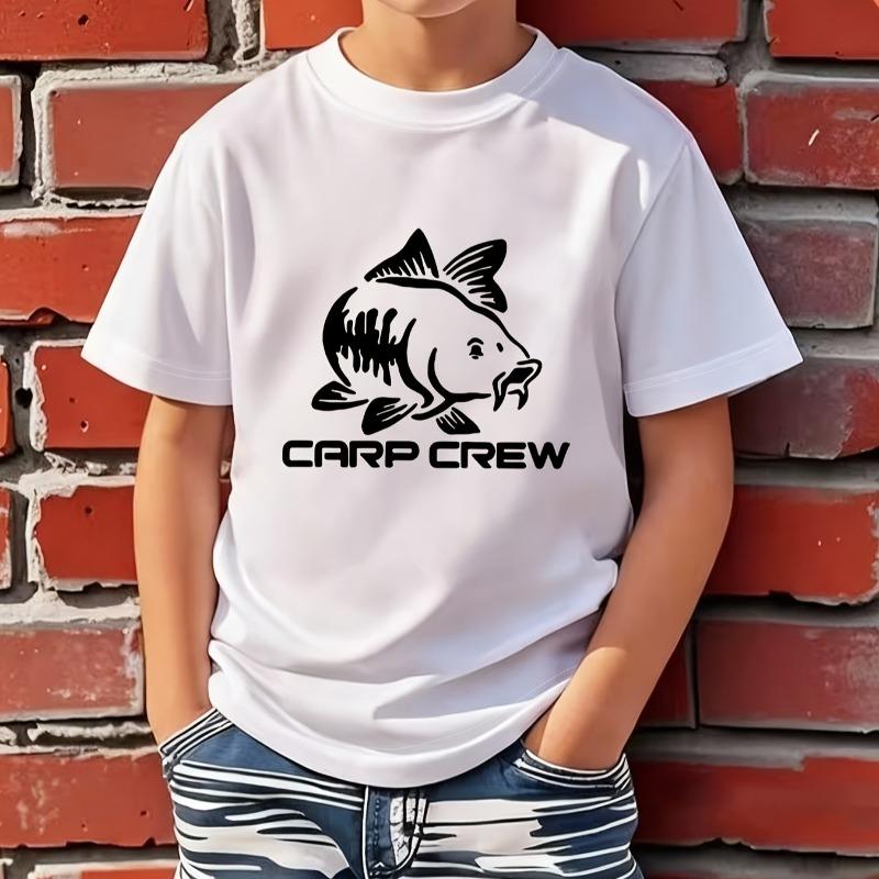 Boys Summer Crew Neck Short Sleeve T-Shirt with Fish Graphic & Letter Print 110 белый