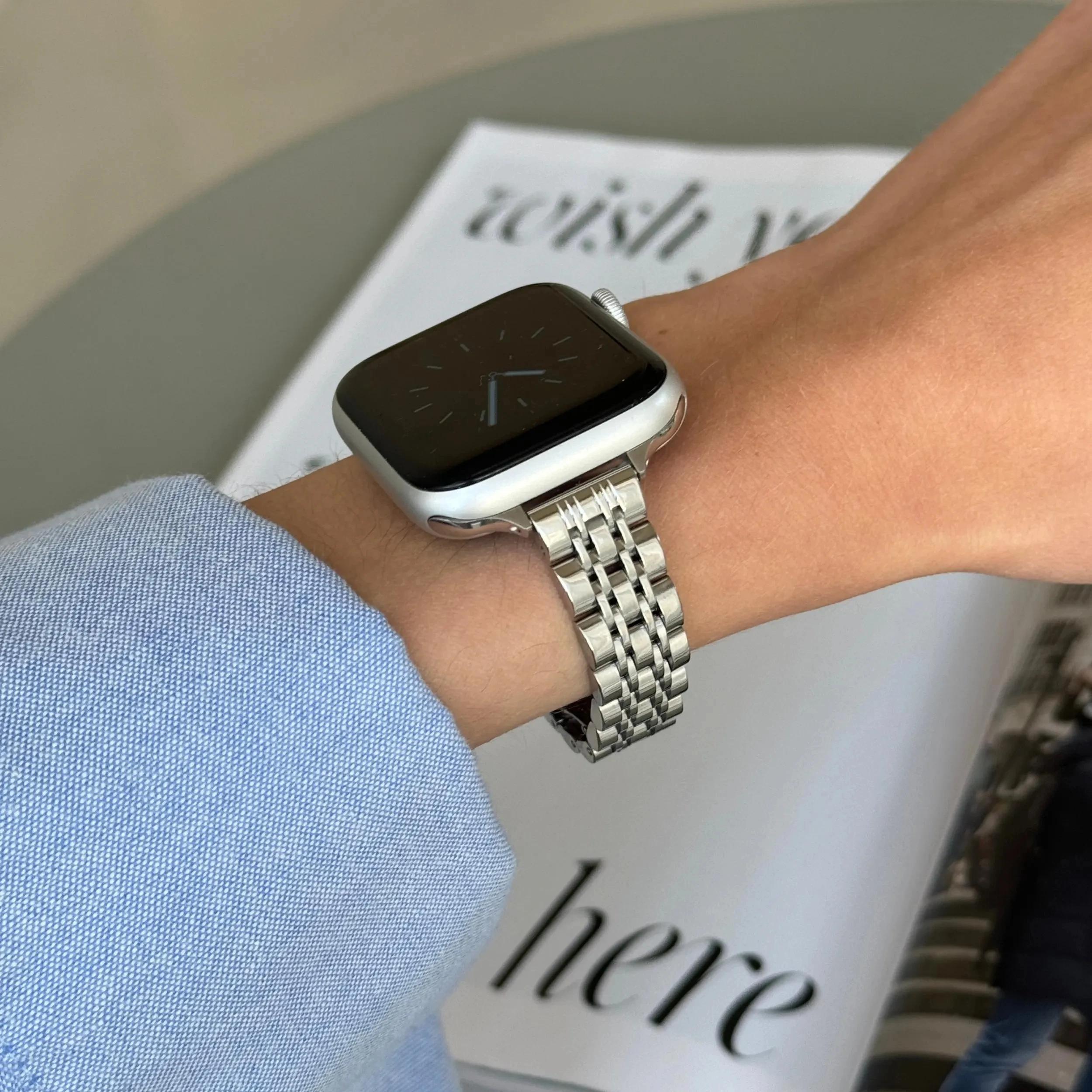 

Тонкий металлический ремешок из нержавеющей стали для женских часов Apple Watch 38/40/41 мм 42/44/45/46/49 мм Подходит для iWatch Серии SE987654321 S10-42 41 40 38mm серебряный