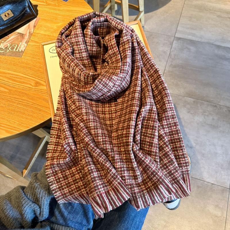 Gentle tie imitation cashmere knitted scarf women's autumn and winter color plaid fringed scarf large shawl