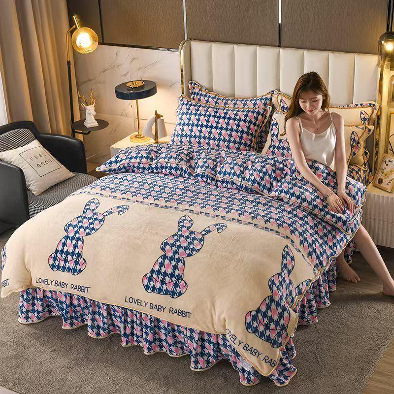 Winter thickened milk velvet four-piece set warm coral velvet double-sided velvet quilt cover bed sheet plus velvet bed skirt bedding