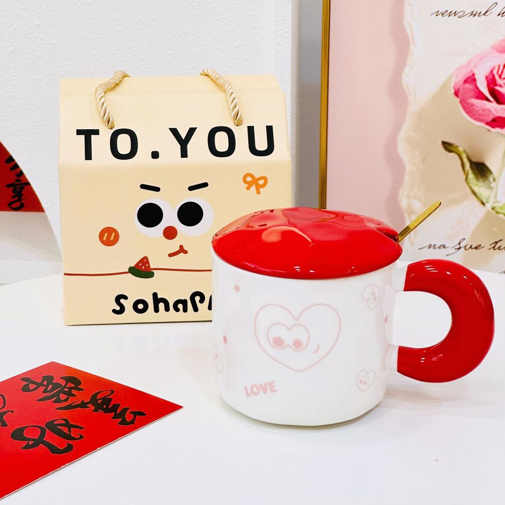 Red Festive Zhaocai Fubao Ceramic Mug with Lid New Year Gift Cup Souvenir Event Handheld Gift Box