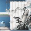 Asian Scenic Shower Curtain Sets, Chinese Japanese Landscape Black Mountain and Pine Tree Ink Painting Bathroom Curtain