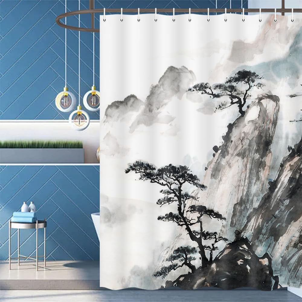 Asian Scenic Shower Curtain Sets, Chinese Japanese Landscape Black Mountain and Pine Tree Ink Painting Bathroom Curtain