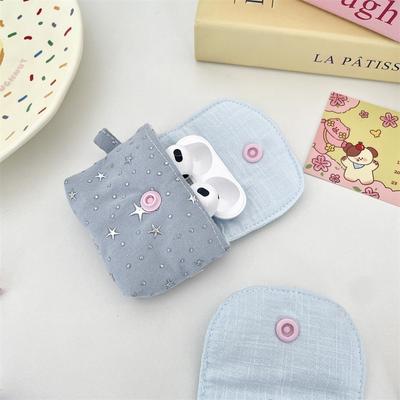 Cute Mini Earphone Storage Bag Snap Button Sequined Stars Bluetooth Headset Case Coin Purse for Women Girls