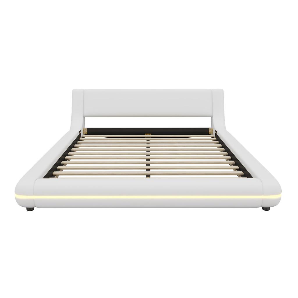 Polsterbett 140x200cm mit LED Beleuchtung, Bodenbett Doppelbetten mit Kopfteil und Lattenrost, Ohne Matratze