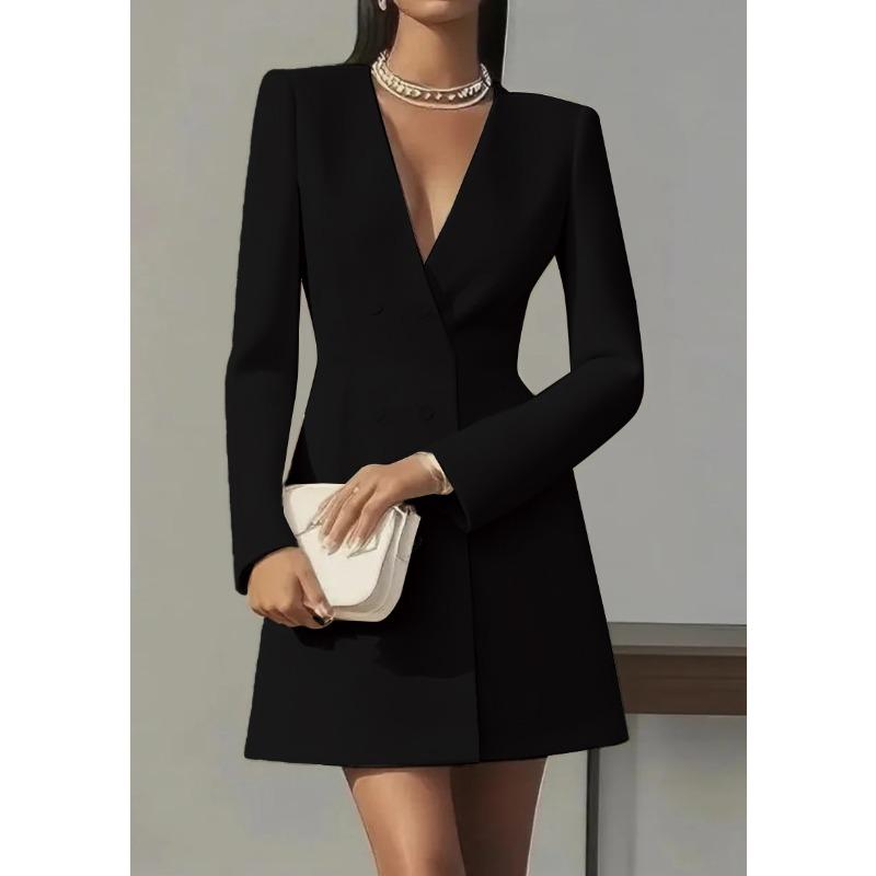 women s Solid Color V Neck Double Breasted Long Sleeve Blazer Mini Dress Elegant Commuter Suit Dress S чёрный