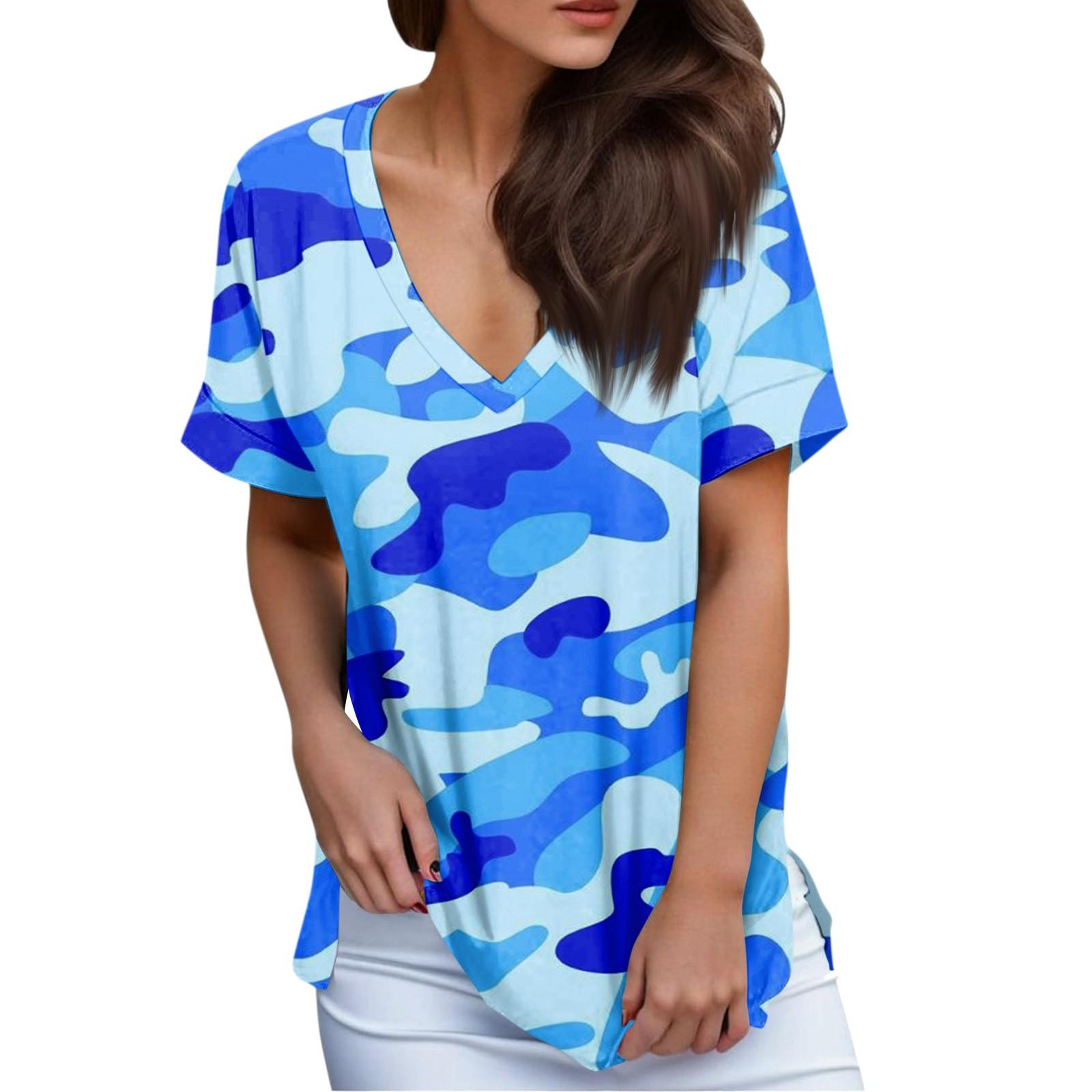 

Женская модная повседневная блузка с v-образным вырезом и коротким рукавом с принтом S синий