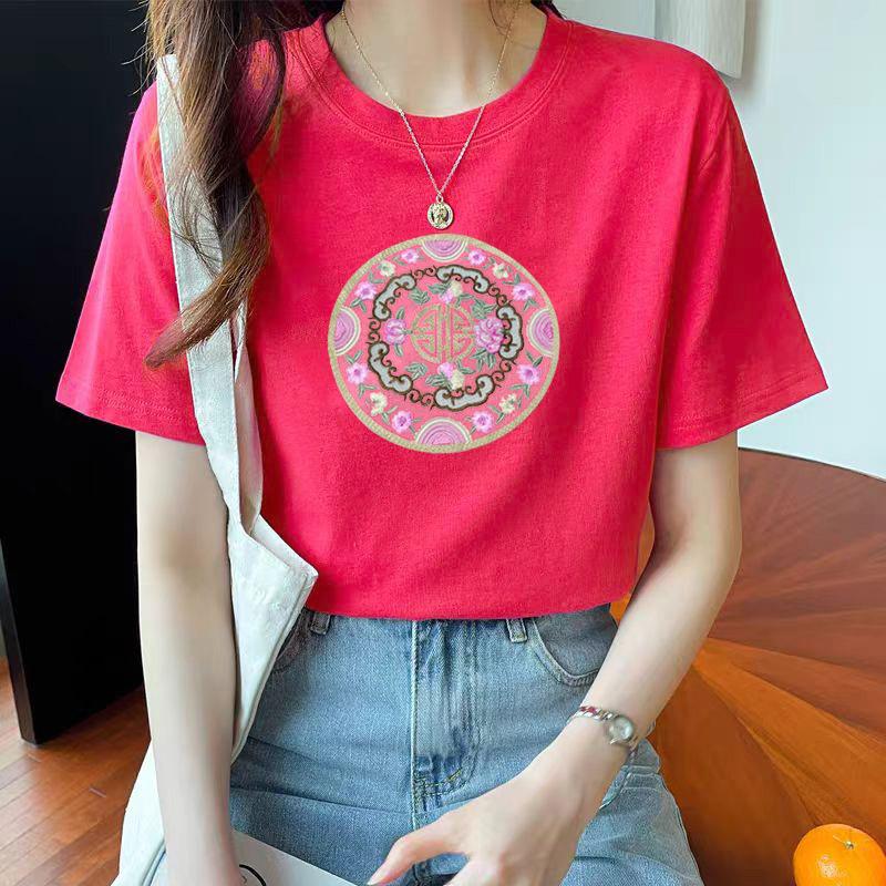 VEZFAA Damenmode Casual Sommer Frühling Blumenmuster Druck Kurzarm O-Ausschnitt Blusen & Hemden