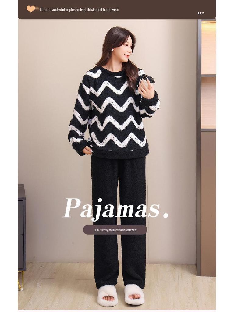 Unisex Winter-Pyjama-Set aus Korallenfleece - Verdickt, mit Plus-Samt, Warme Hauskleidung, Rundhals-Pullover, Perfekt für den Innen- und Außenbereich