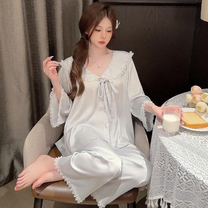 

Ice Silk Women s Pajamas - French Peter Pan Collar, Long Sleeve, Sweet Style, Light Luxury Home Set for Spring & Autumn 2025 XL